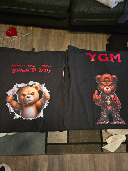 Black YMG tshirt, red bear, red font.